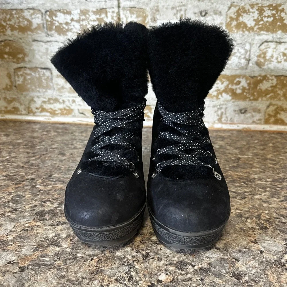 J.Crew Wedge Boots Women 7M Black Good Faux Fur Trim Hiker Leather Suede